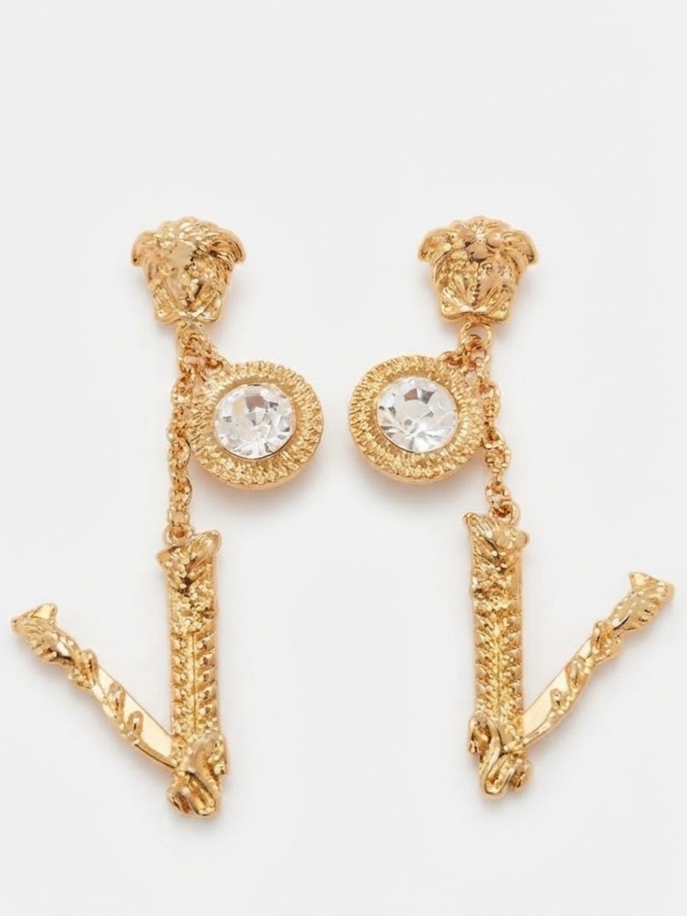 Gold-Tone V Drop Earrings with Clear Crystal